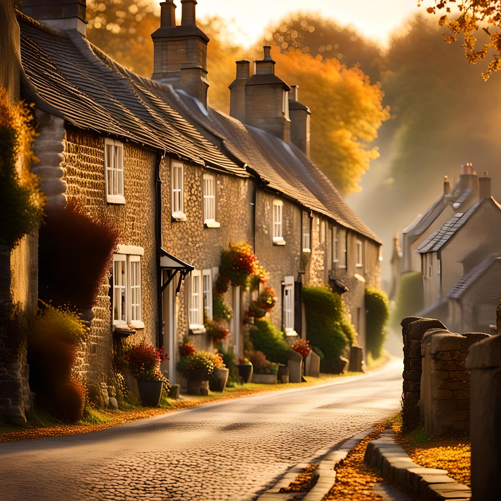 Charming Autumn Street in Cotswolds Village