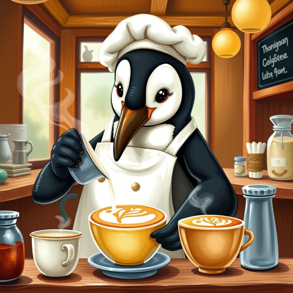 Whimsical Penguin Barista Creates Delicate Latte Art in Warm...