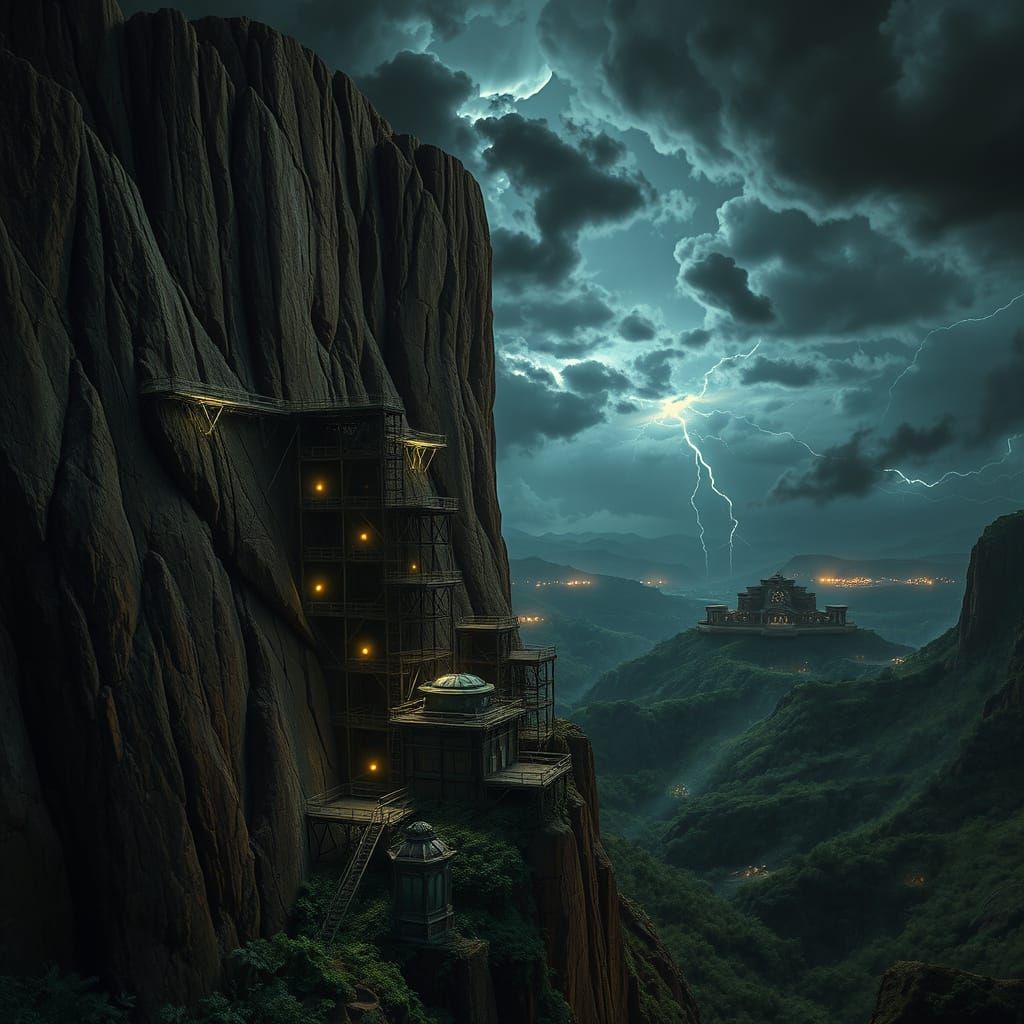 Cyberpunk Cliffside Scaffolding in Turbulent Stormy Skies
