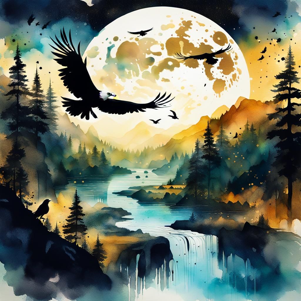 Dreamlike Landscape with Moon, Rivers, and Soaring Eagles