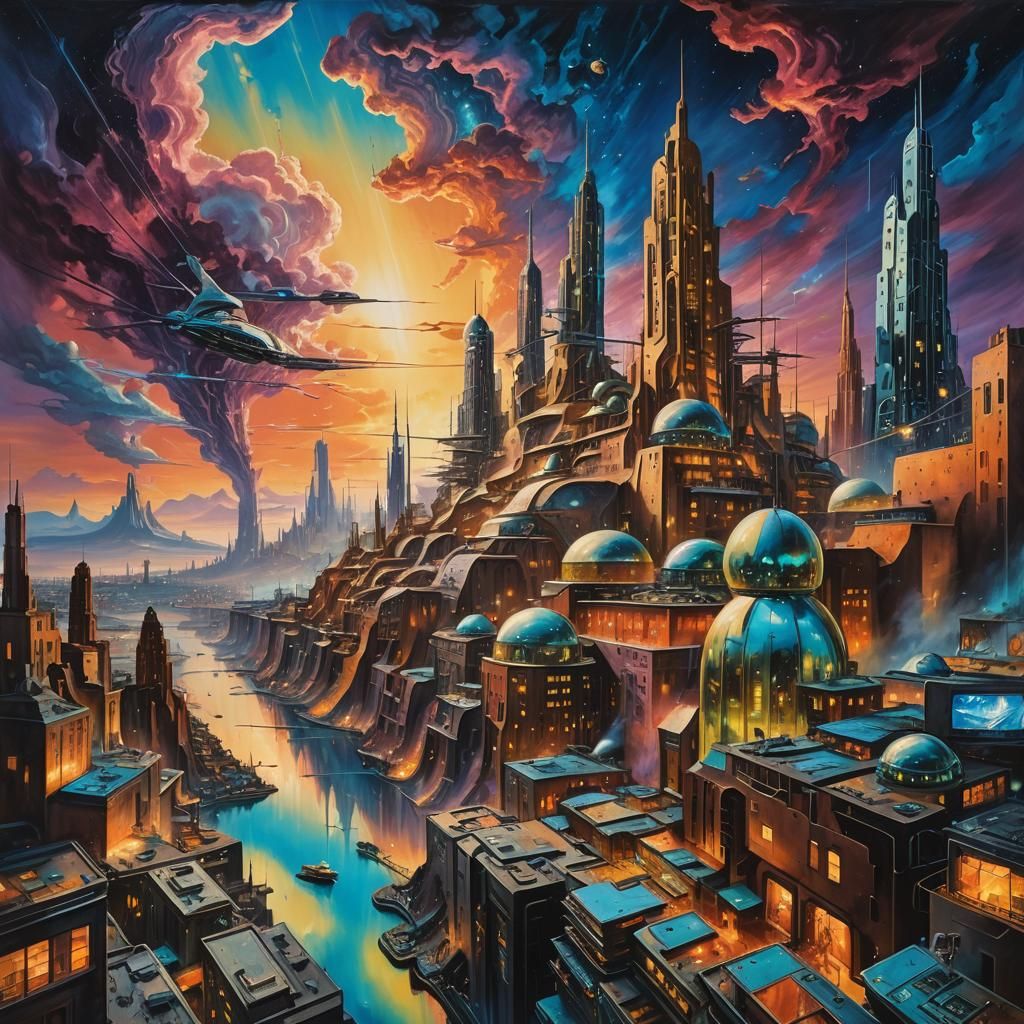 Surreal Cityscape in Space as Oil Painting