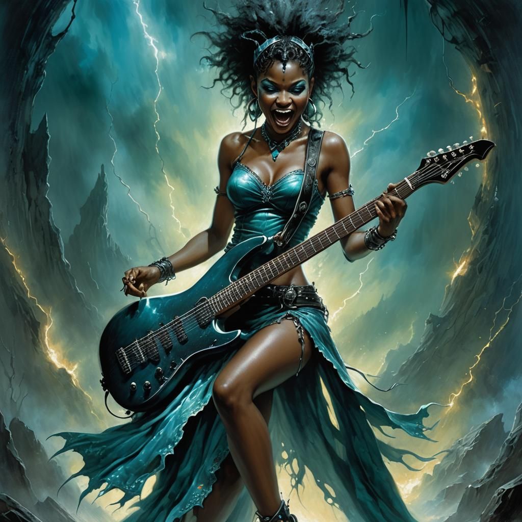 Pixie Shreds on Electric Guitar in Fantasy Art Style