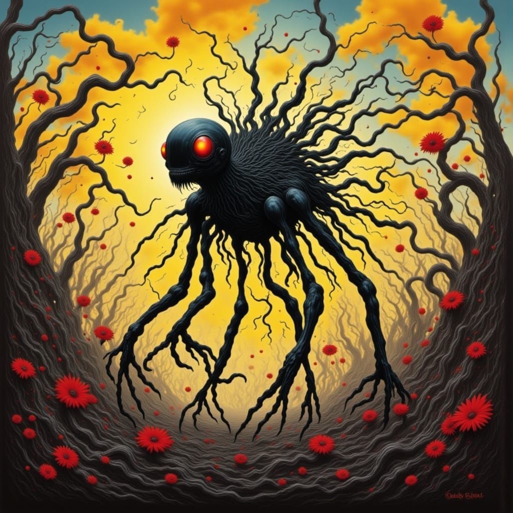 Dark Figure in Dreamlike Landscape with Golden Sunset