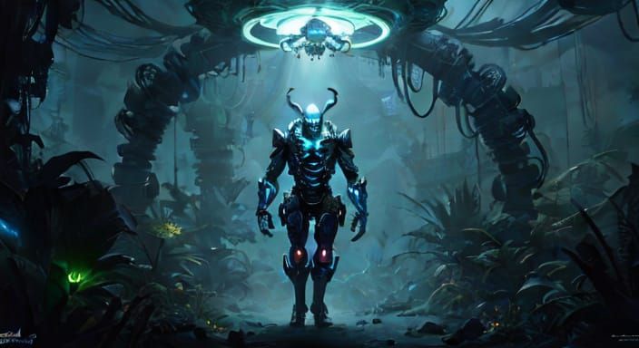 Clown with Biomechanical Implants in Alien Jungle