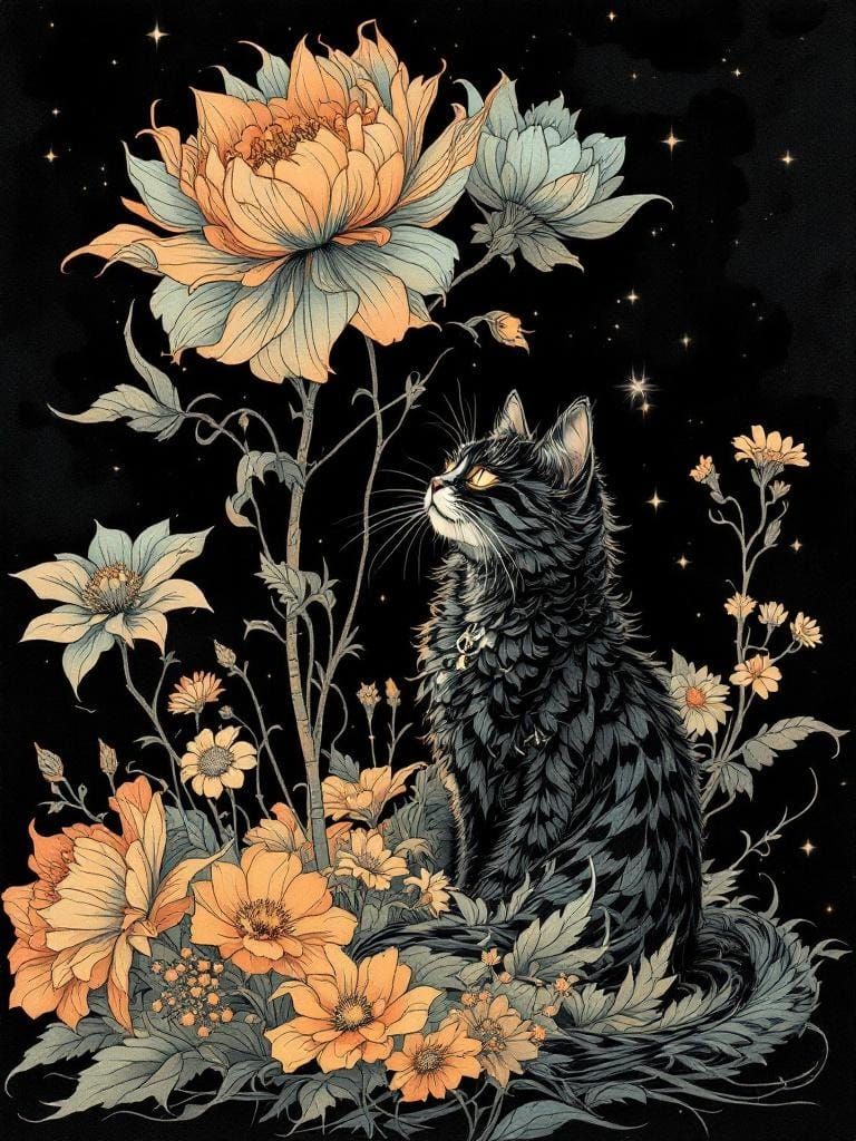 Victorian Gothic Cat Under Flower with Ethereal Melancholy