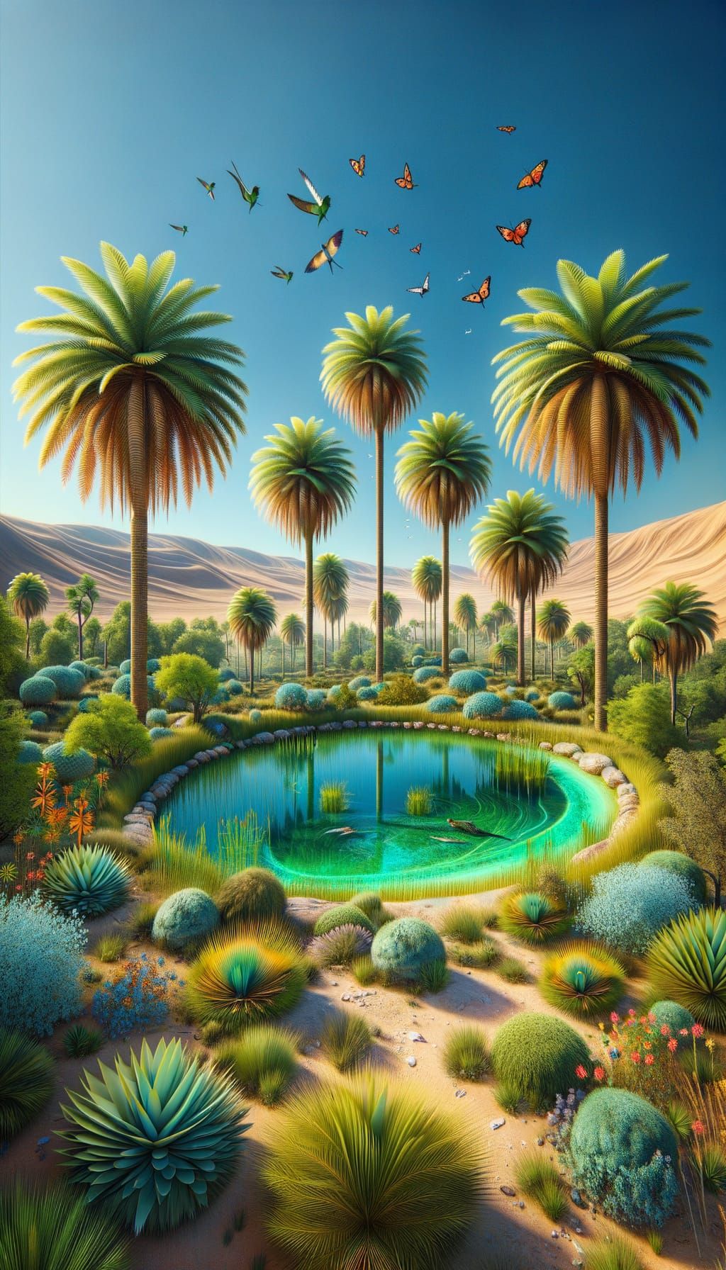 Serene Desert Oasis With Lush Palms and Wildlife