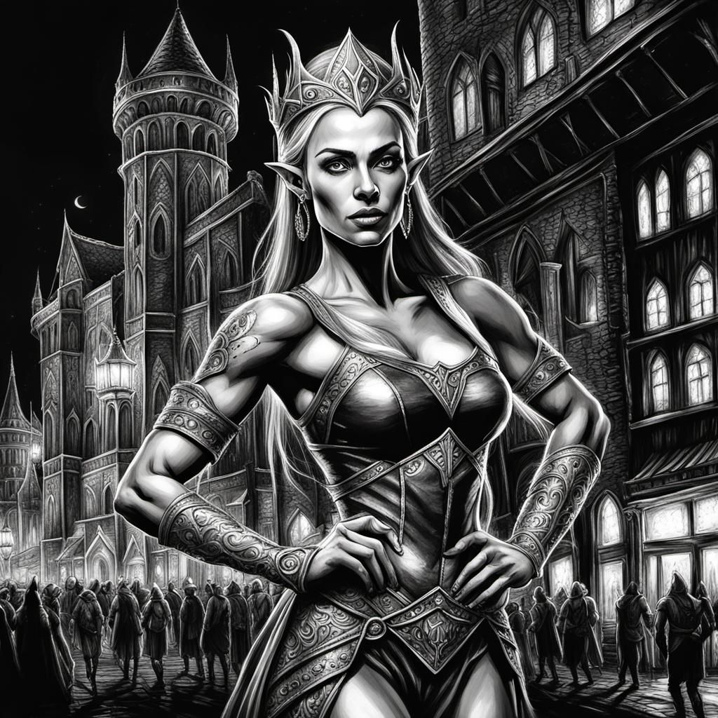 Enchanting High Elf Princess Charcoal Drawing