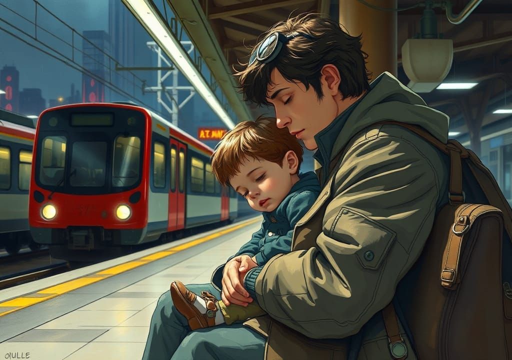 Boy Sleeping with Father: Hyperrealistic Concept Art