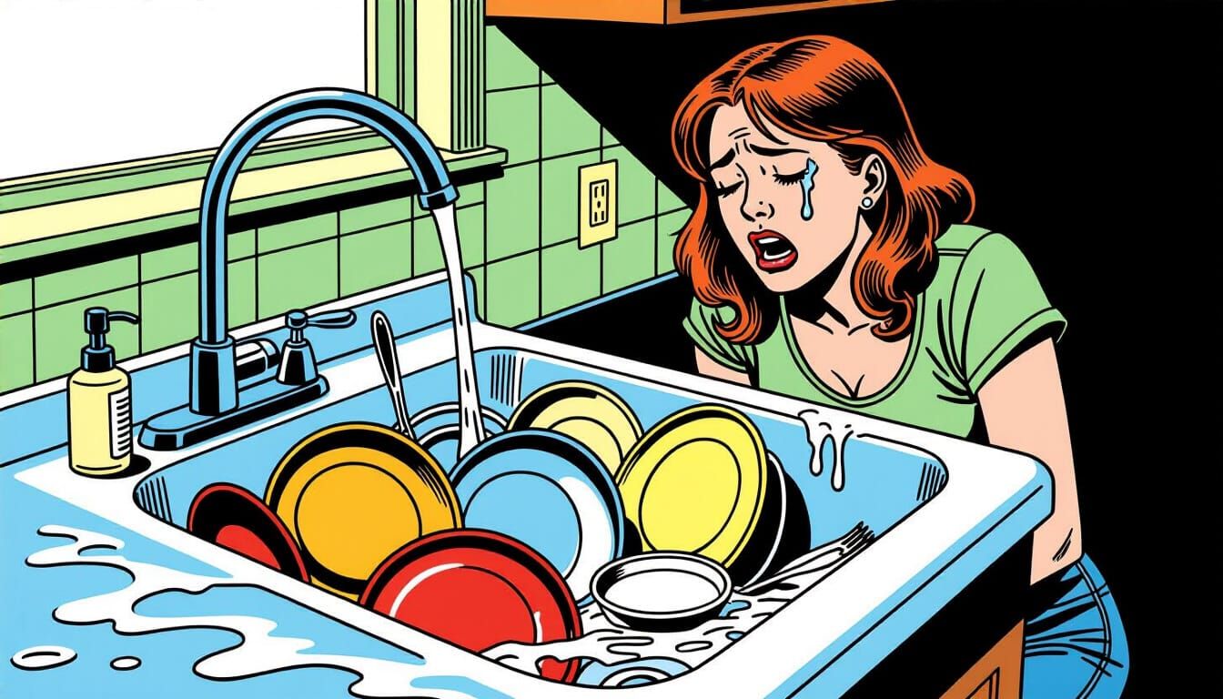 Overflowing Sink Dishes with Crying Woman in Comic Style