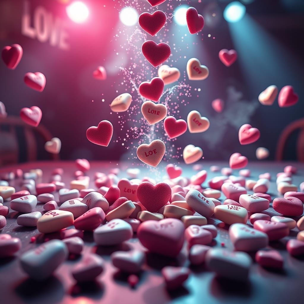 Whimsical Candy Hearts Scene in Michelangelo's Style