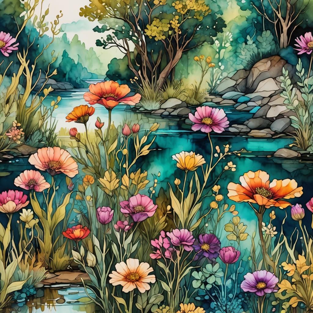 Alcohol Ink Flowers Along Riverbank