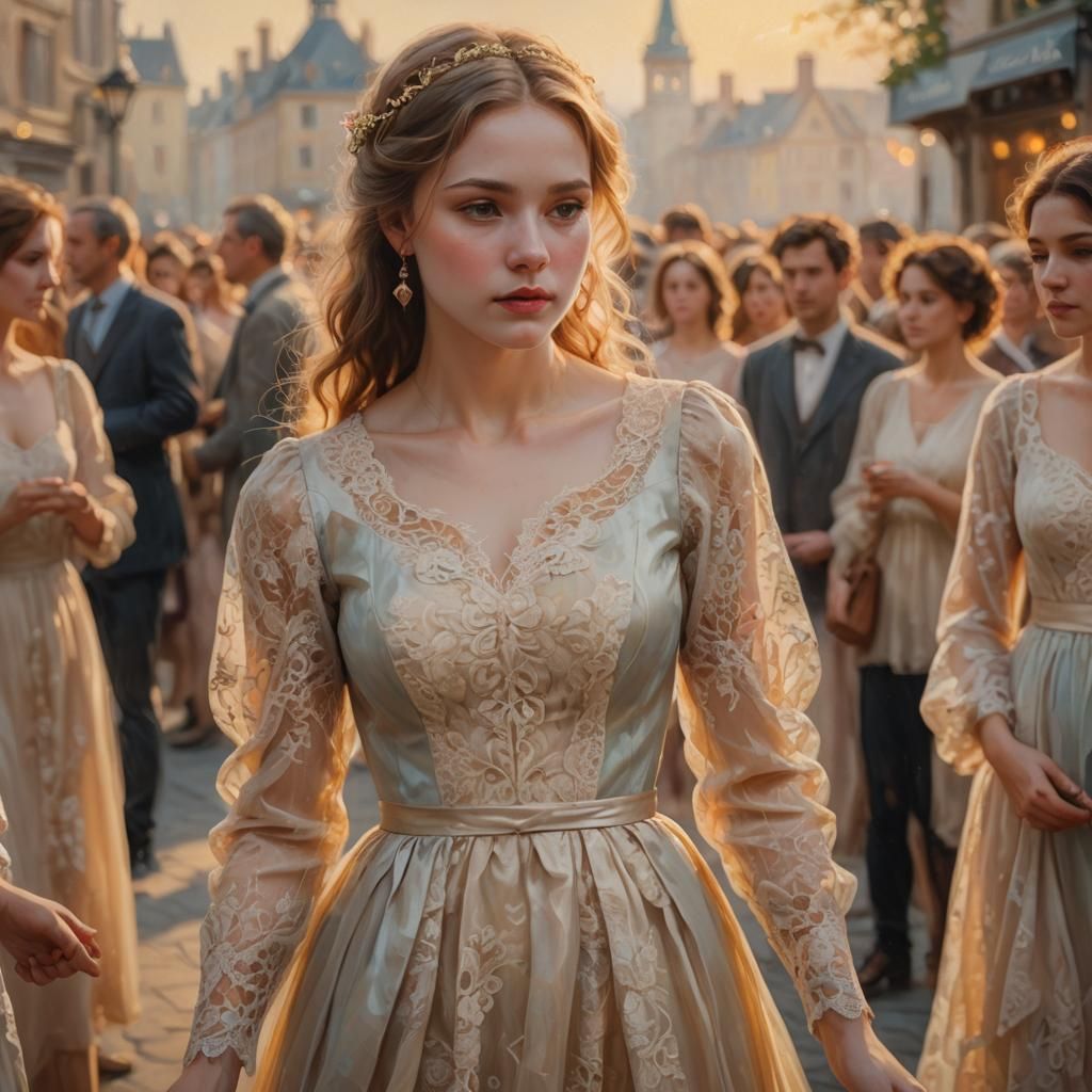 Fair Maiden in Romantic Oil Painting with Golden Light