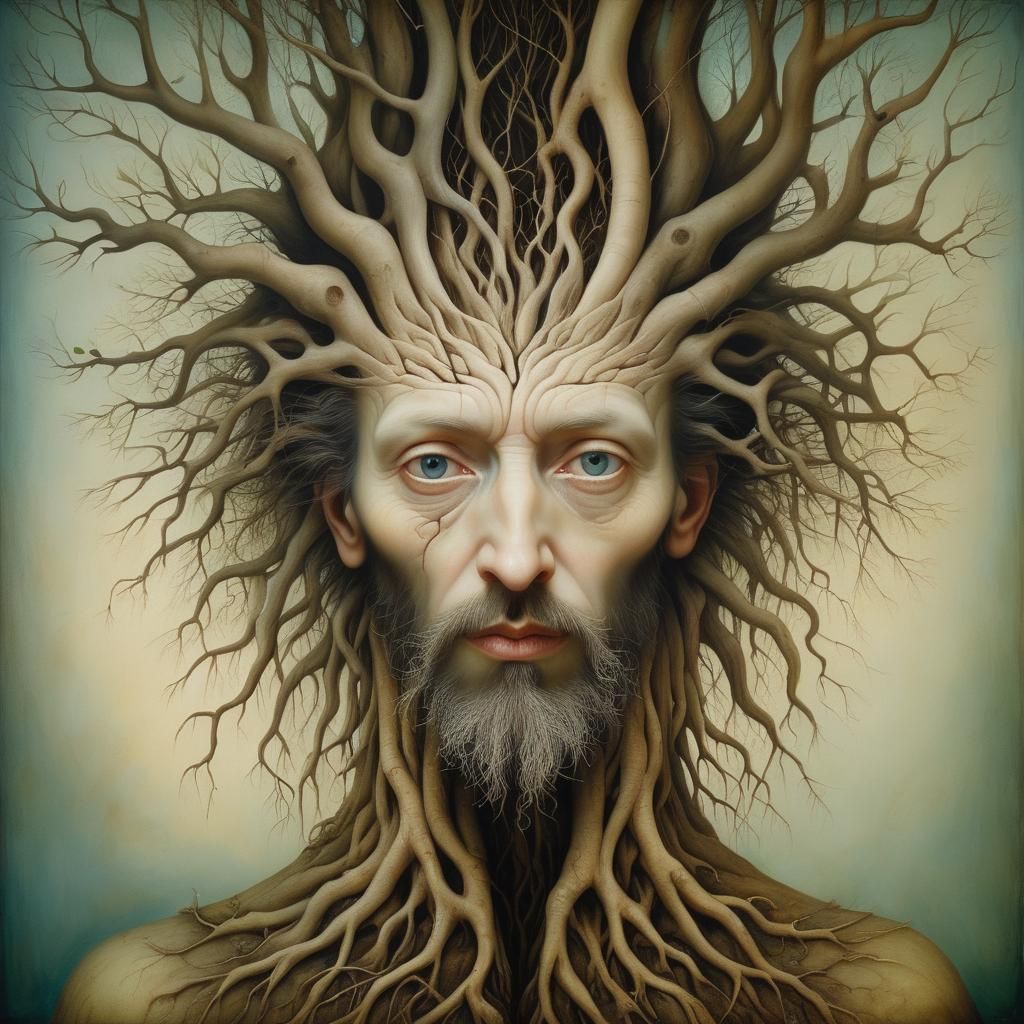 A surreal painting of a man with tree roots on his face