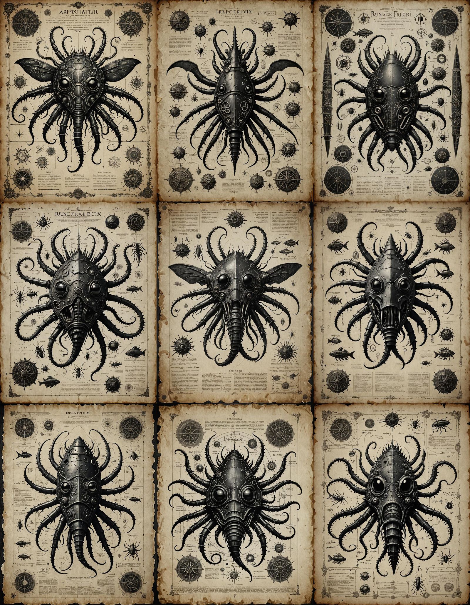 Lovecraftian Artifact Blueprint with Insects and Runes