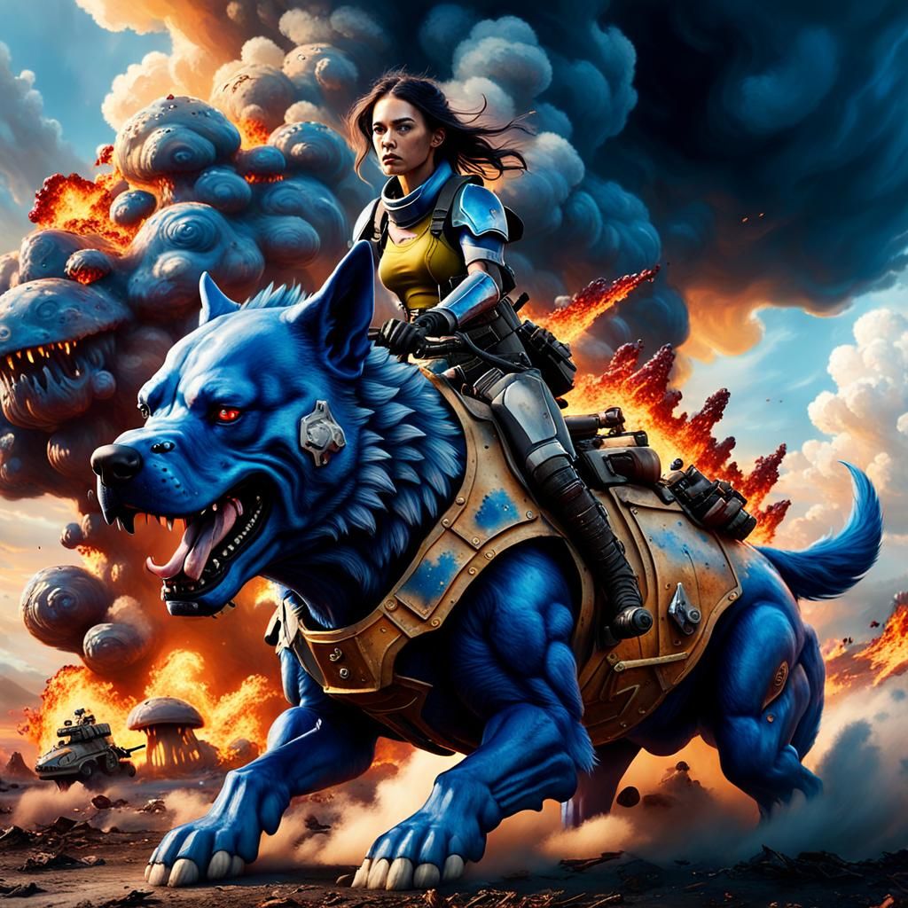 Girl on Armored Dog in Wasteland Photo