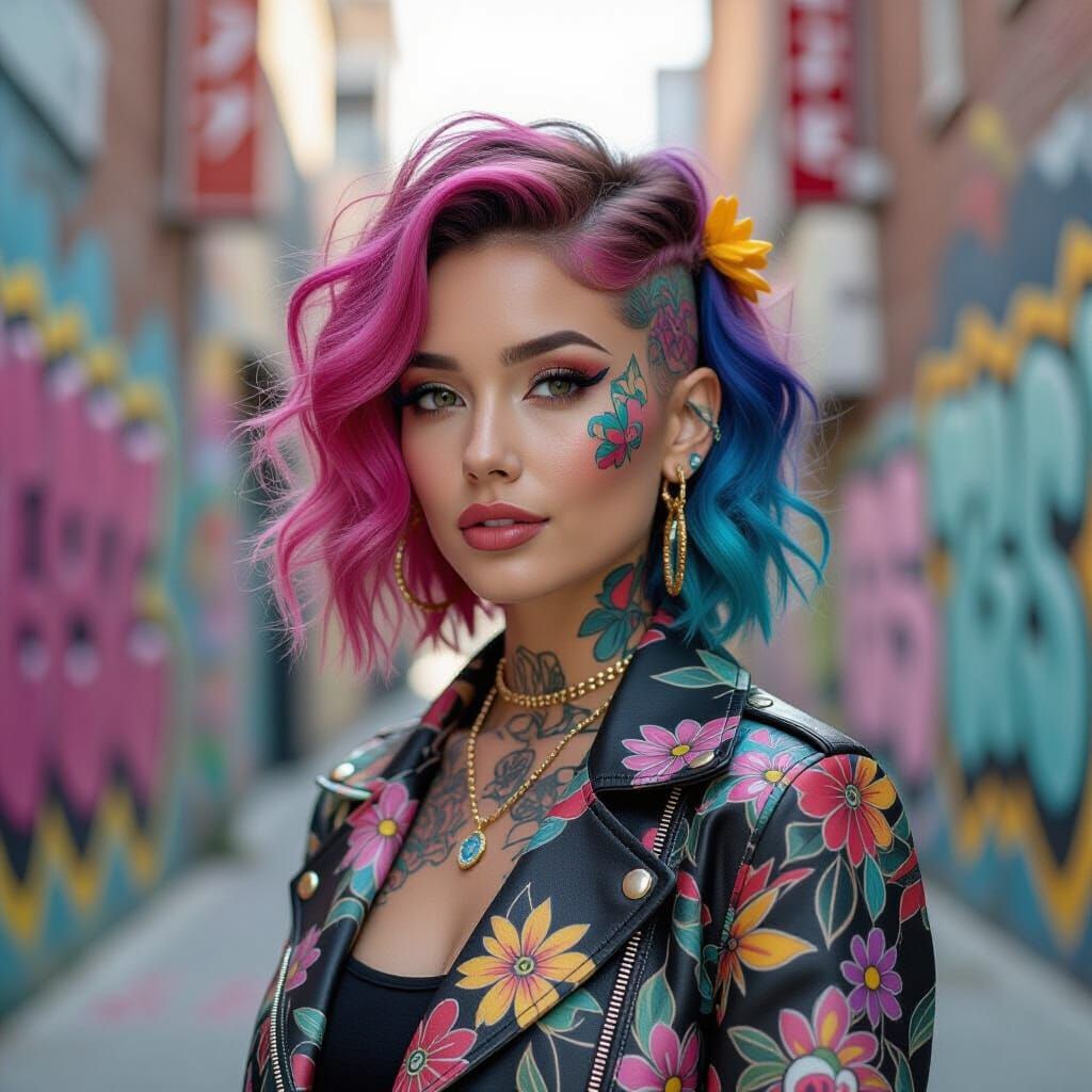 Woman with Tattooed Hair in Graffiti Urban Setting
