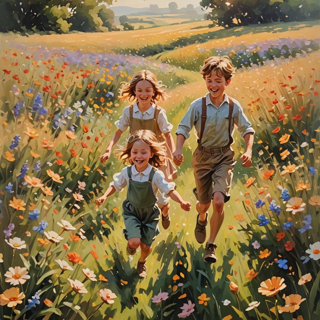 Children Running Through Flowers: Impressionist Oil Painting