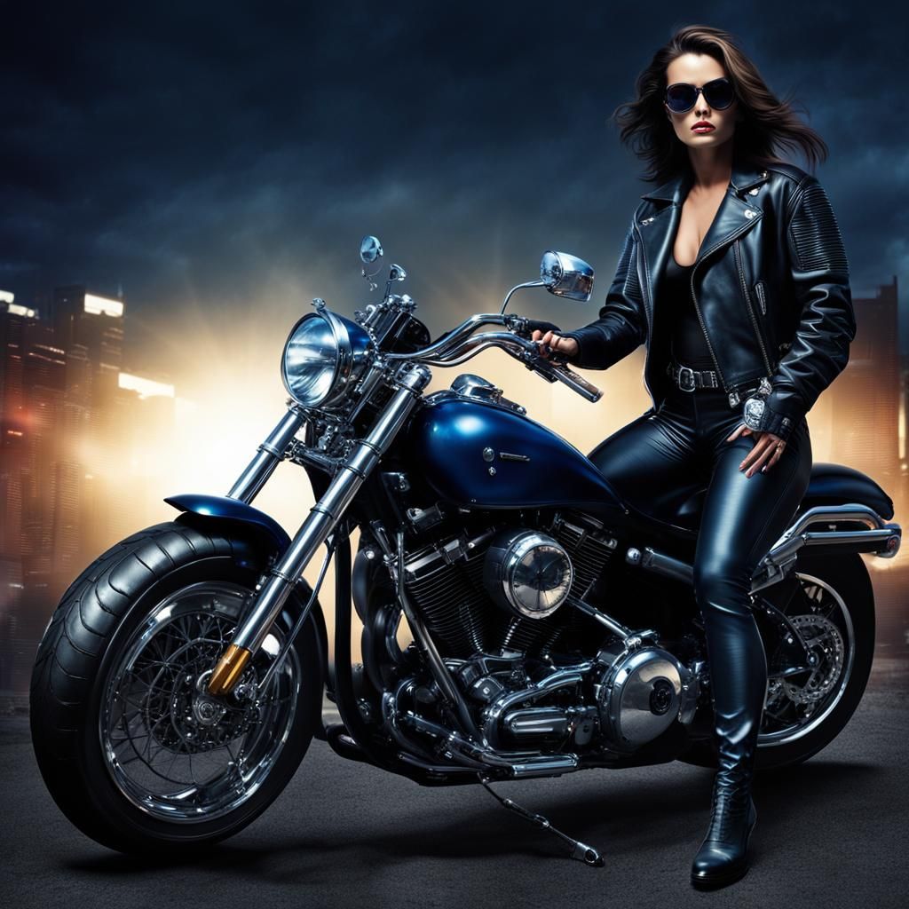 Female Terminator on Motorcycle in Photorealistic Style