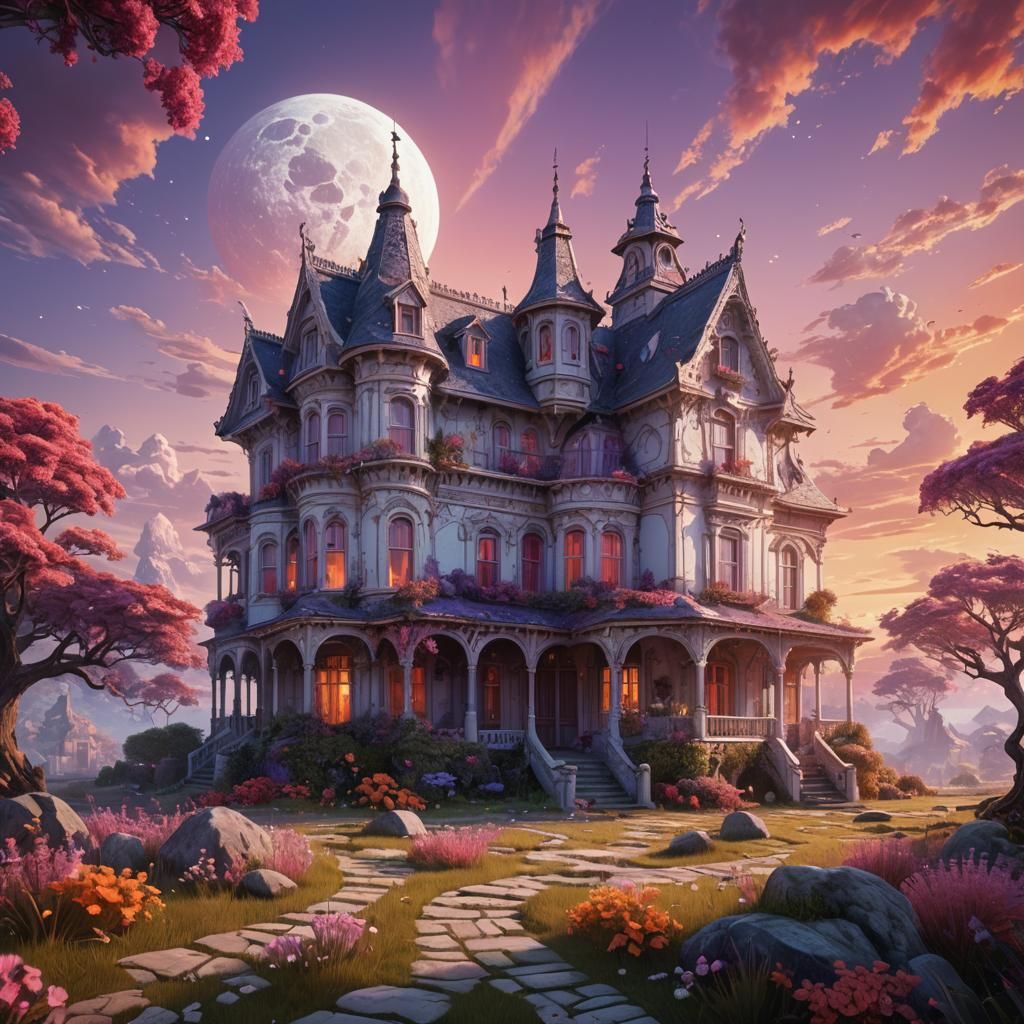 Psychedelic House at Sunrise: Detailed Matte Painting