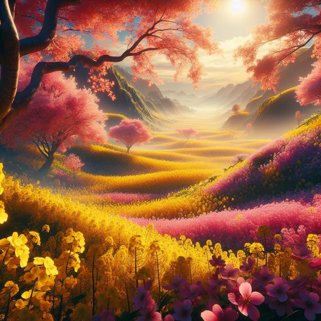 Cherry Blossoms and Rapeseed Flowers in Fantasy Landscape