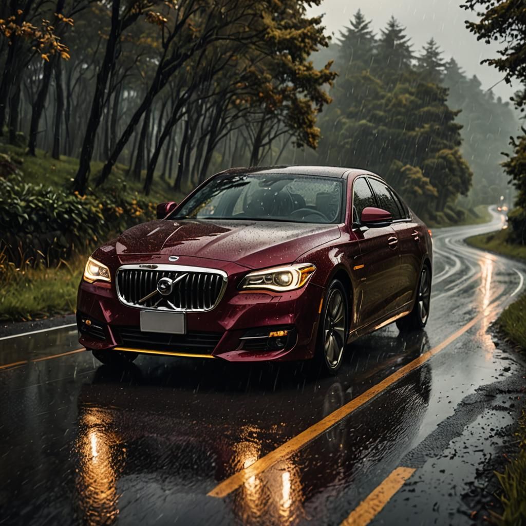 Maroon Sedan on Rainy Road in Hyper-Realistic Style
