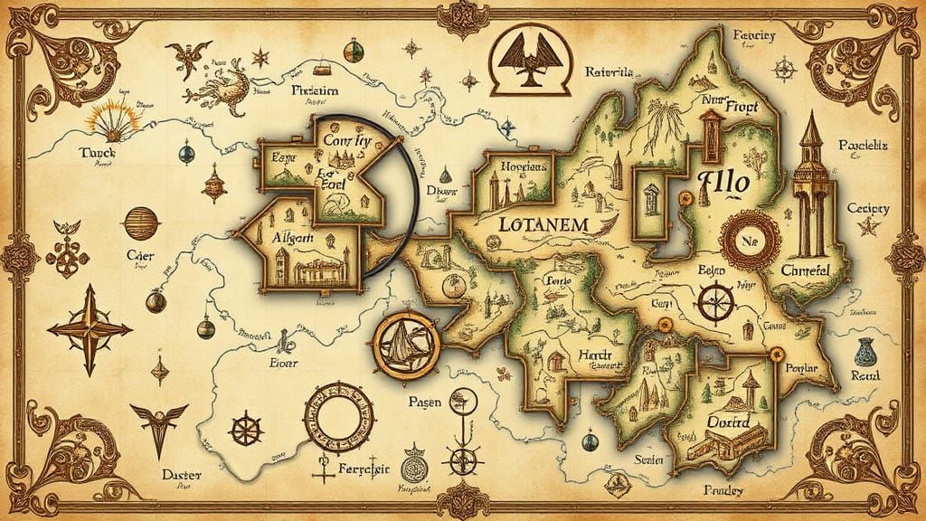 Medieval Fantasy Realm Map with Elegant Script and Esoteric....