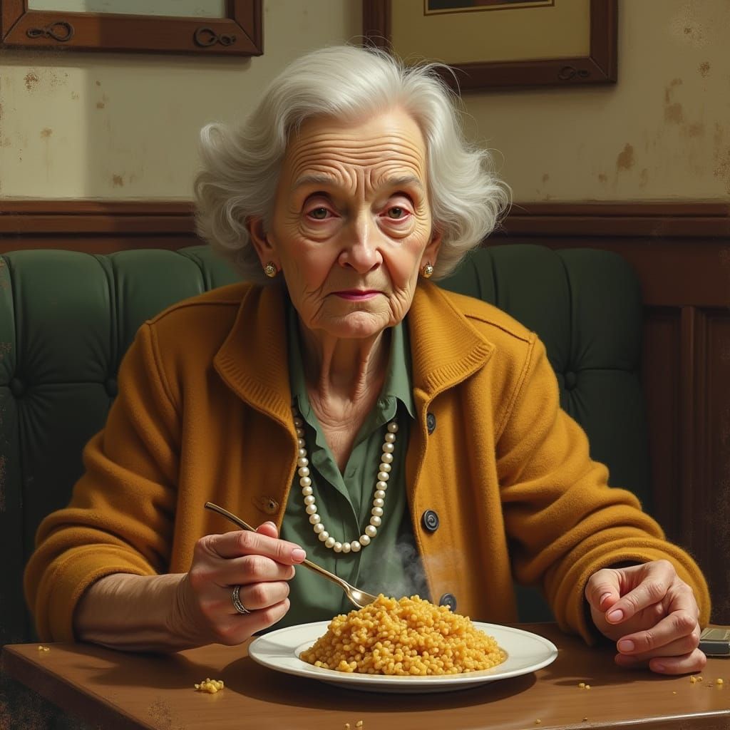 Cozy Cafe Scene: Old Lady and Chicken Rice