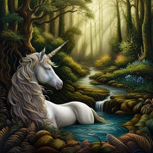 Unicorn in Forest: Dark Romantic Photorealistic Art