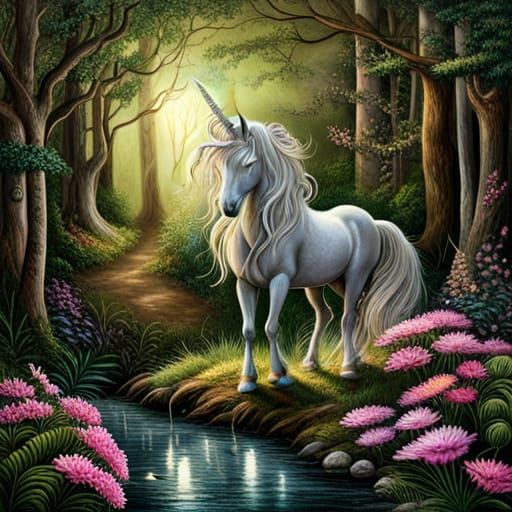 Unicorn in Dark Forest: Victorian Fantasy Art