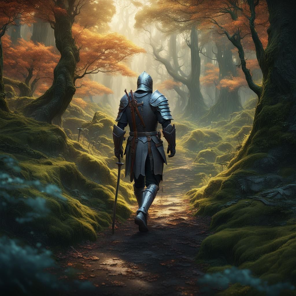 Knight Walks Through Forest: Detailed Matte Painting