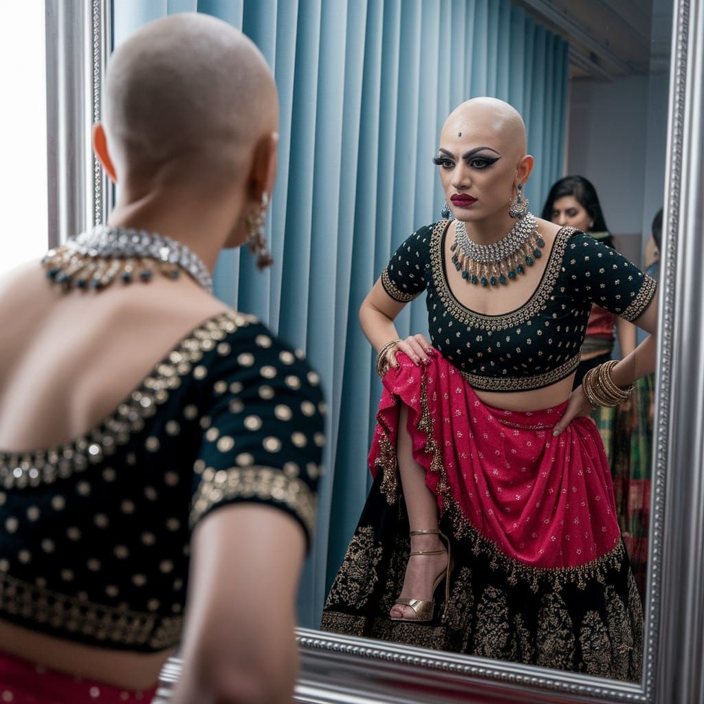Bald Indian Drag Queen Prepares for Show