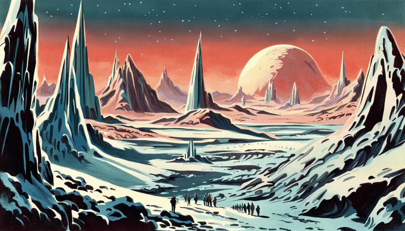 Pluto's Icy Spikes: A 1960s Sci-Fi Vision
