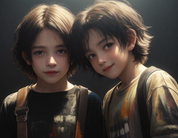 Two Boys in Grunge Oil Painting with God Rays