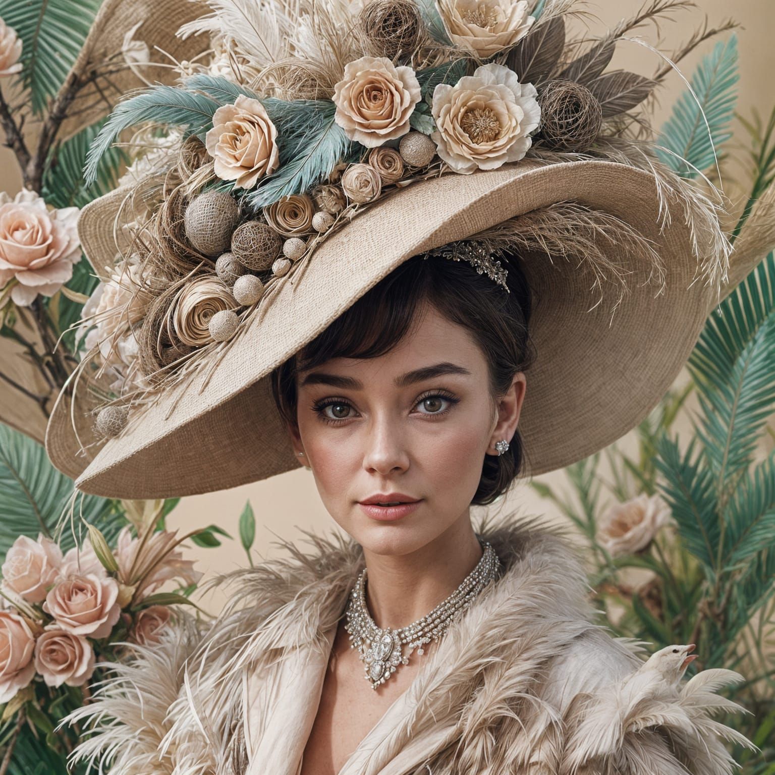 Elegant Woman in Feathered Hat: Digital Art