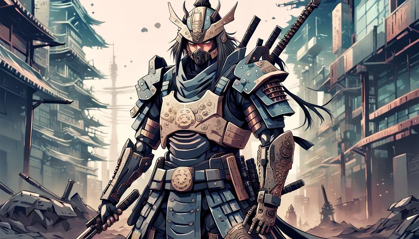 Cybernetic Samurai in Post-Apocalyptic Anime Style