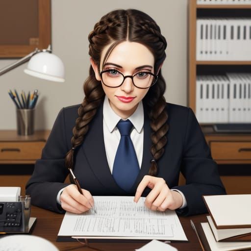 Cute Brunette Office Girl Typing and Sorting Papers