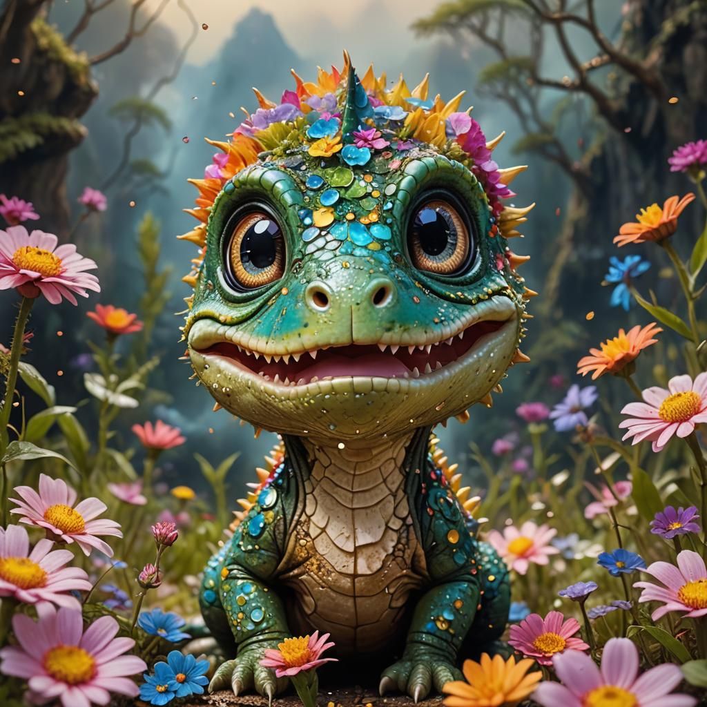 Baby Dino in Wes Anderson Style with Chibi Eyes