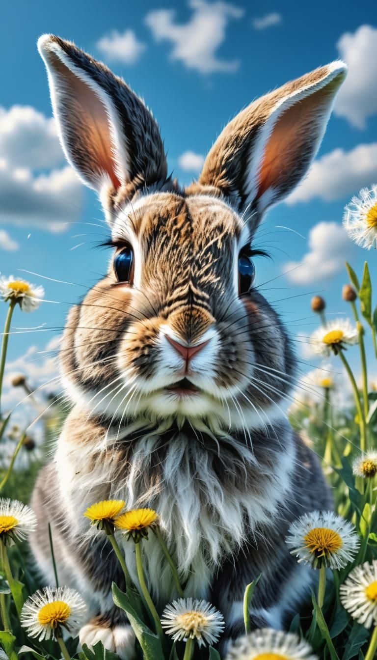 Cute bunny, blue sky, dandelions