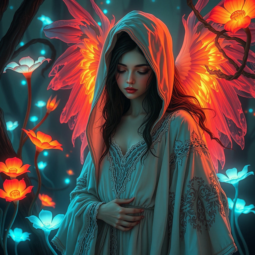 Bioluminescent Graveyard Angel Portrait in Neon-Lit Style