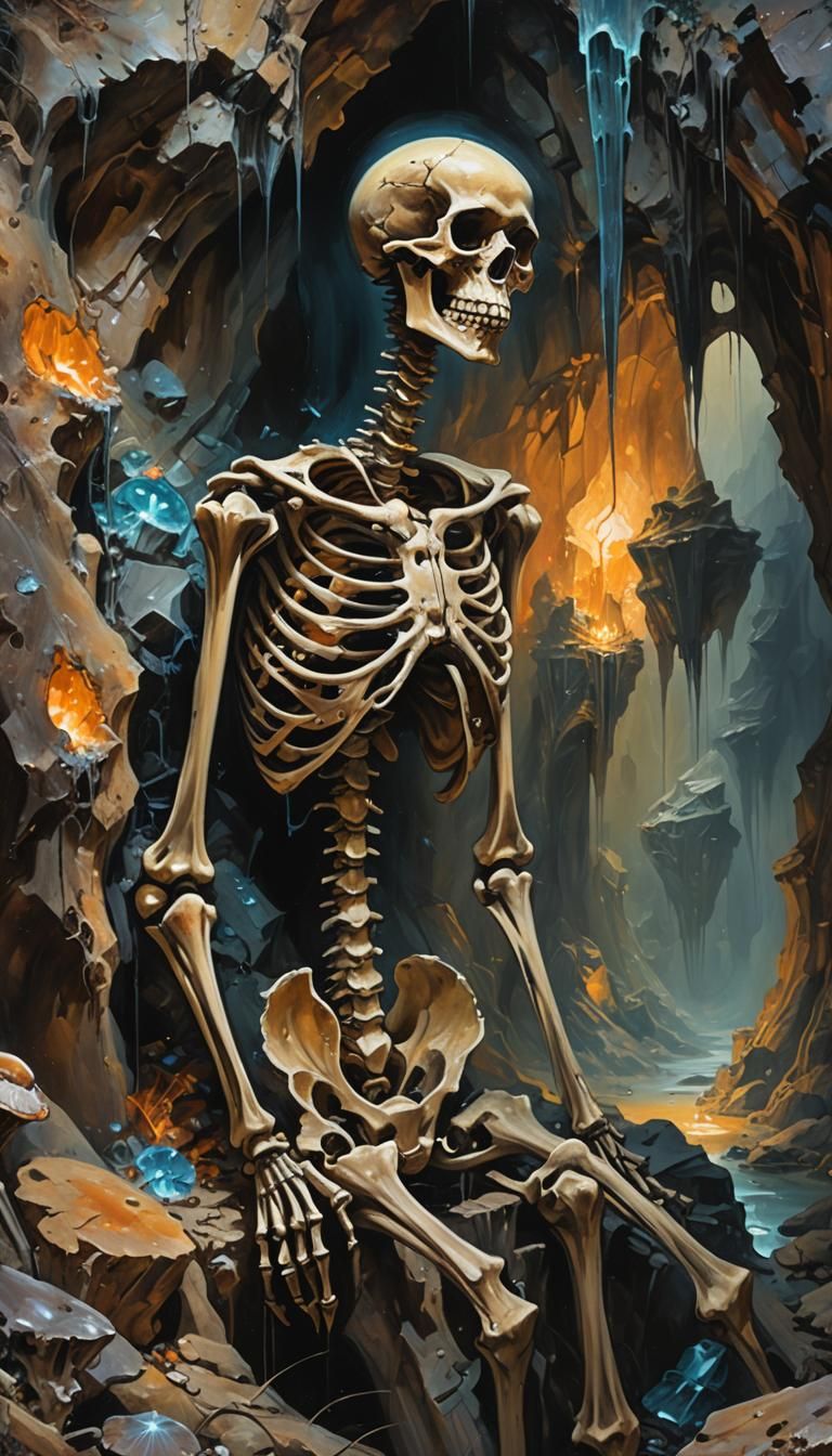 A skeleton impale by a fallen stalactite