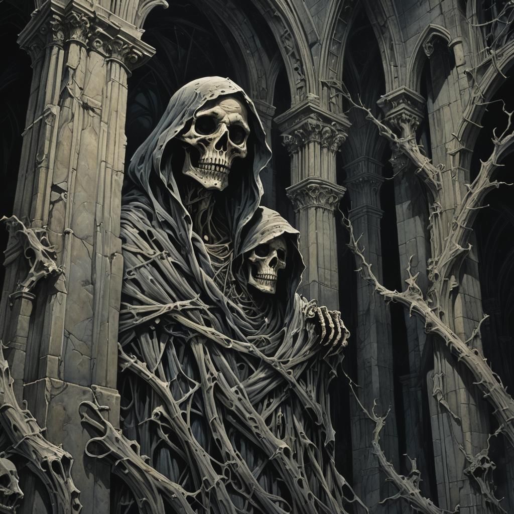 Dark Surrealist Figure in Abandoned Cathedral