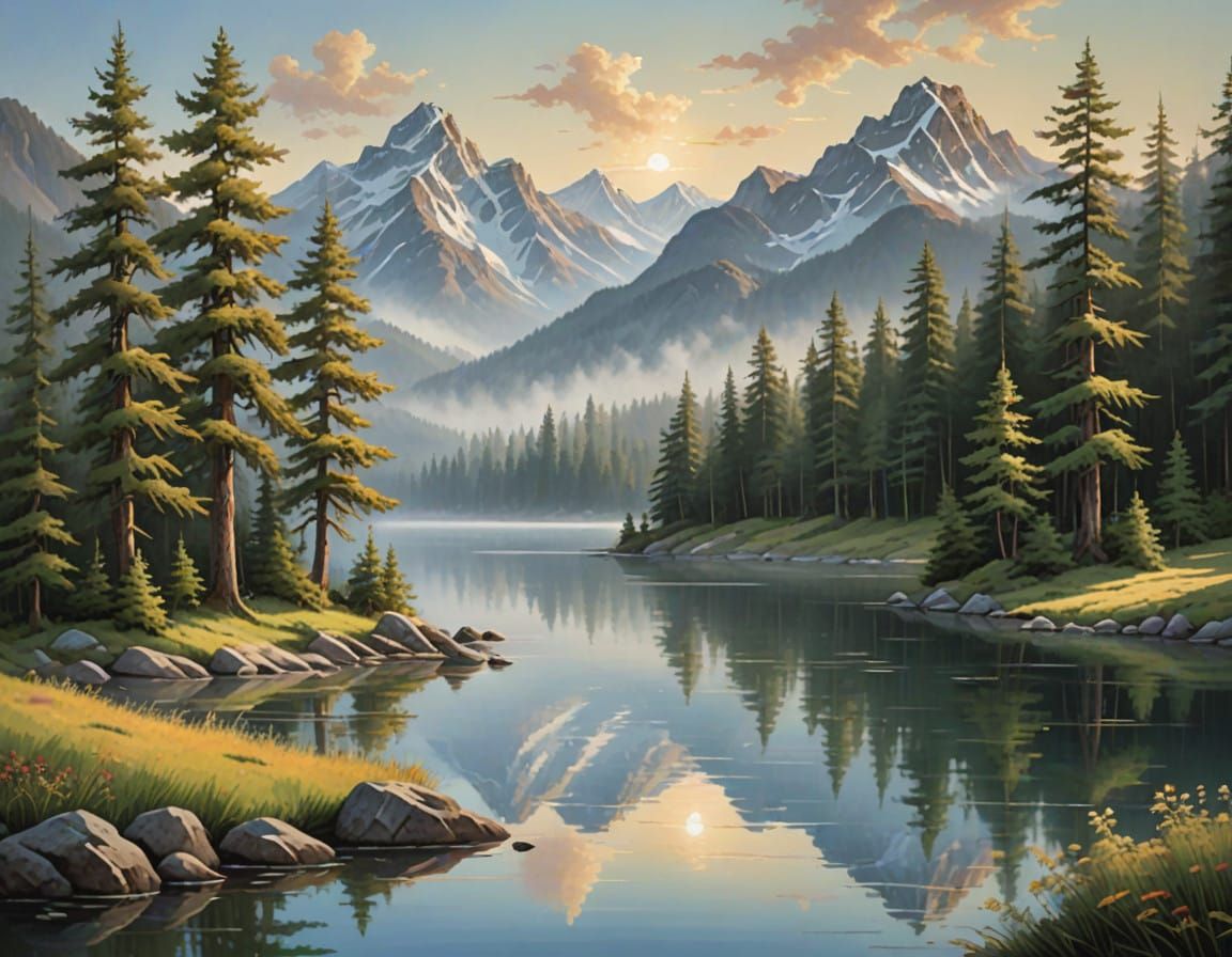 Peaceful Mountain Lakeside Scene in Bob Ross Style