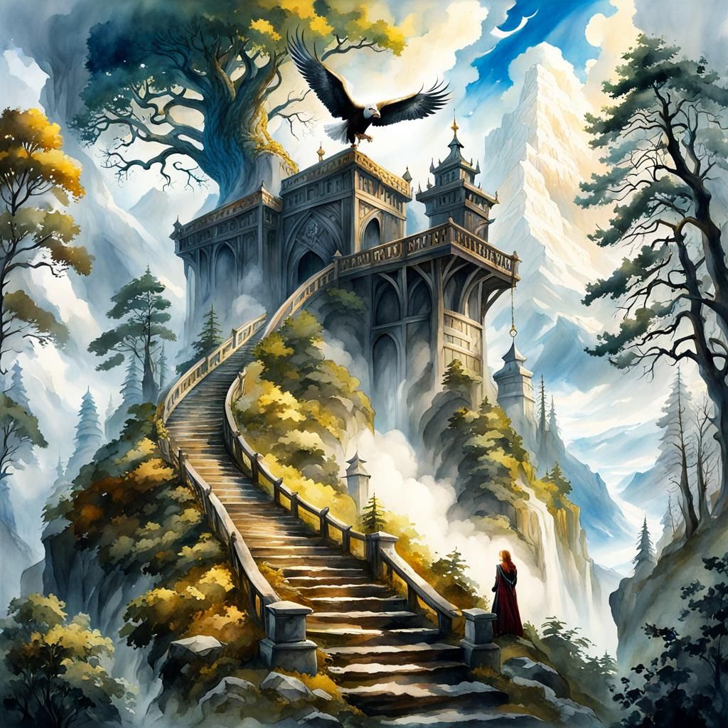Staircase to Scandinavian Gods in Watercolor Style