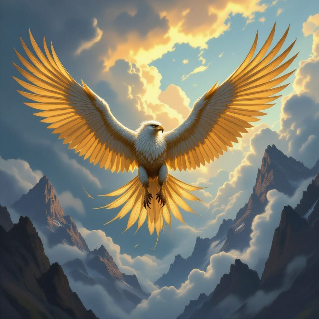 Majestic Griffin Soars Through Stormy Sky