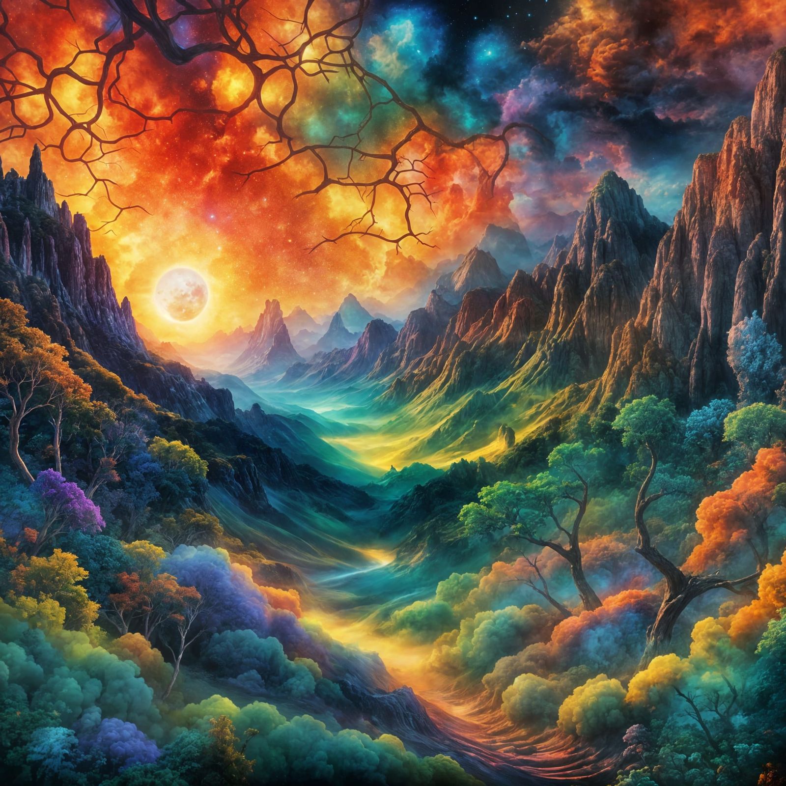 Vibrant Fantasy Island Under Stained Glass Sunrise