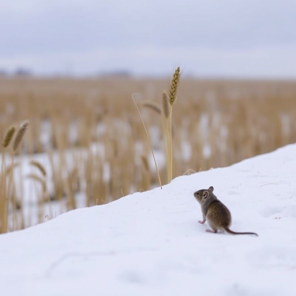 Winter Landscape with a Small Mouse in a Snowy Field