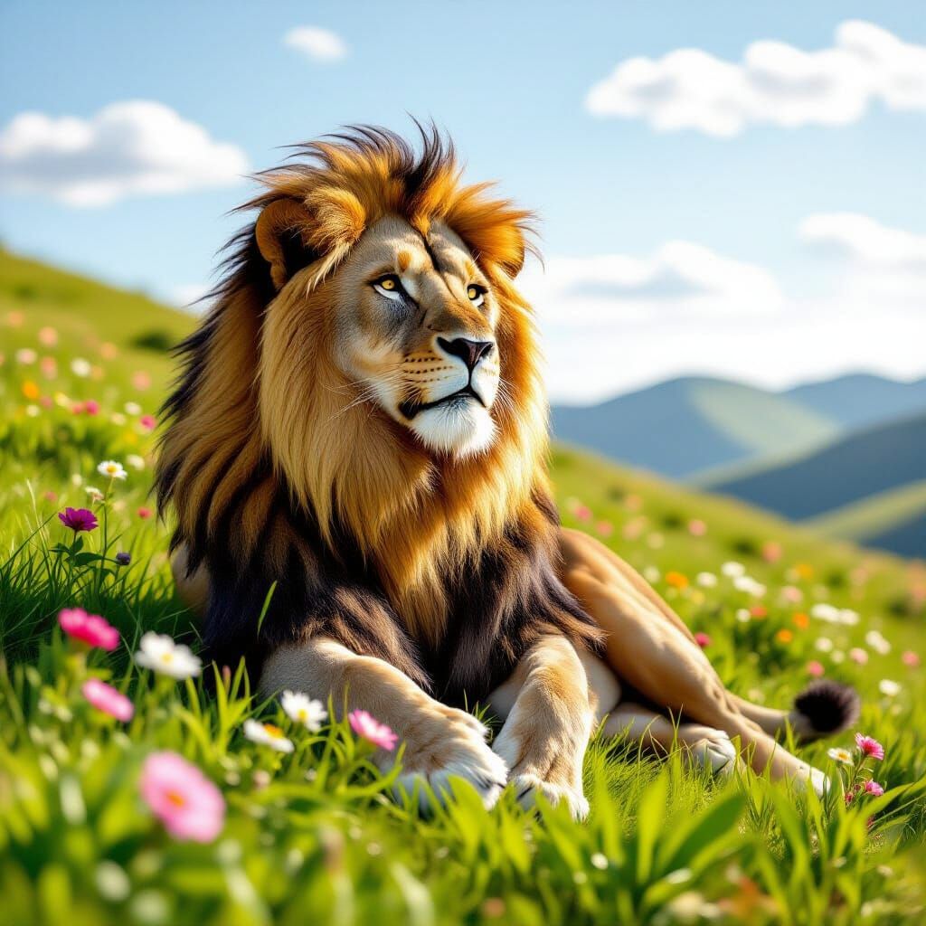 Lion Enjoying Spring Day in Photo-Realistic Style