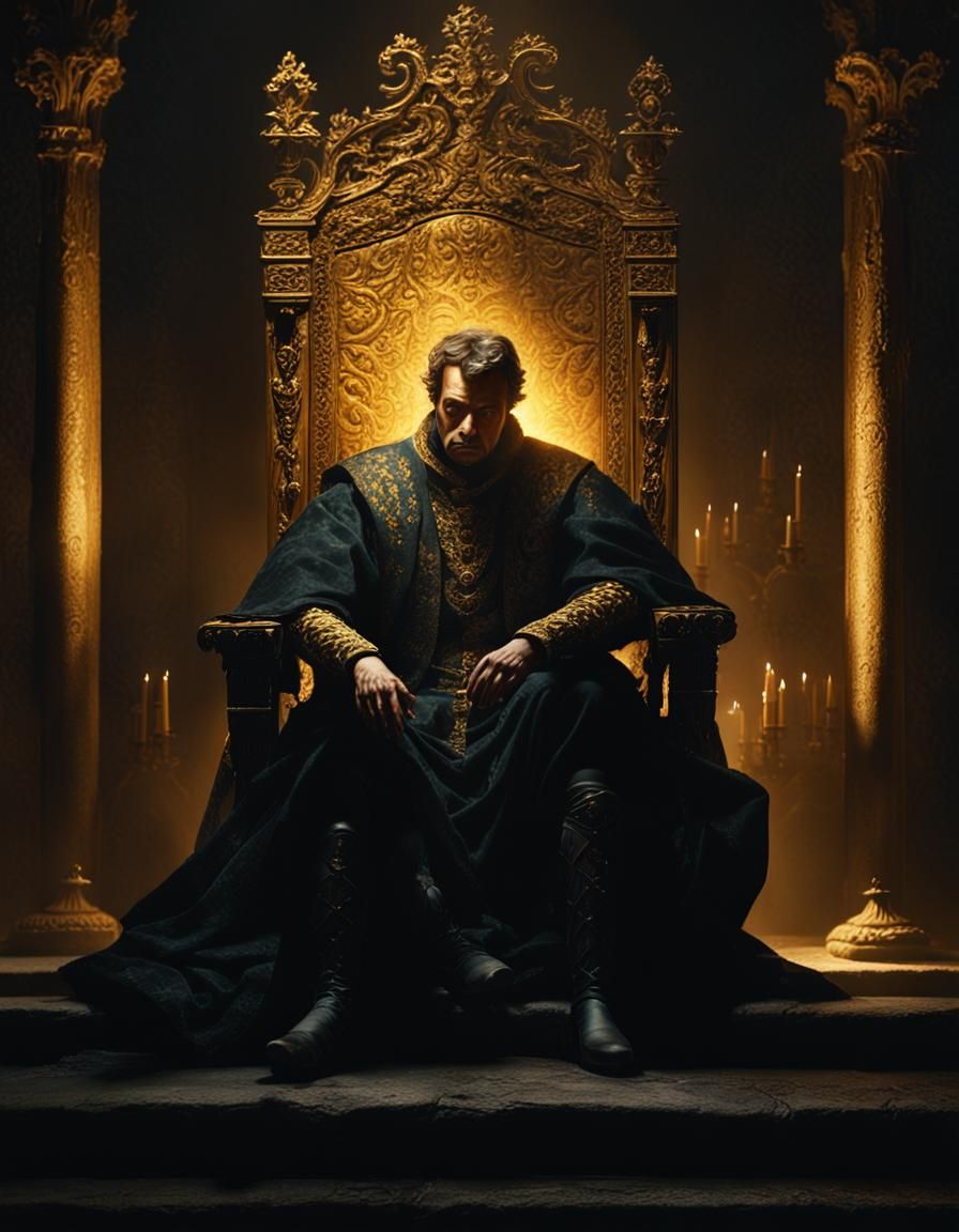 Brooding Nobleman in Ornate Throne Room: Baroque Painting