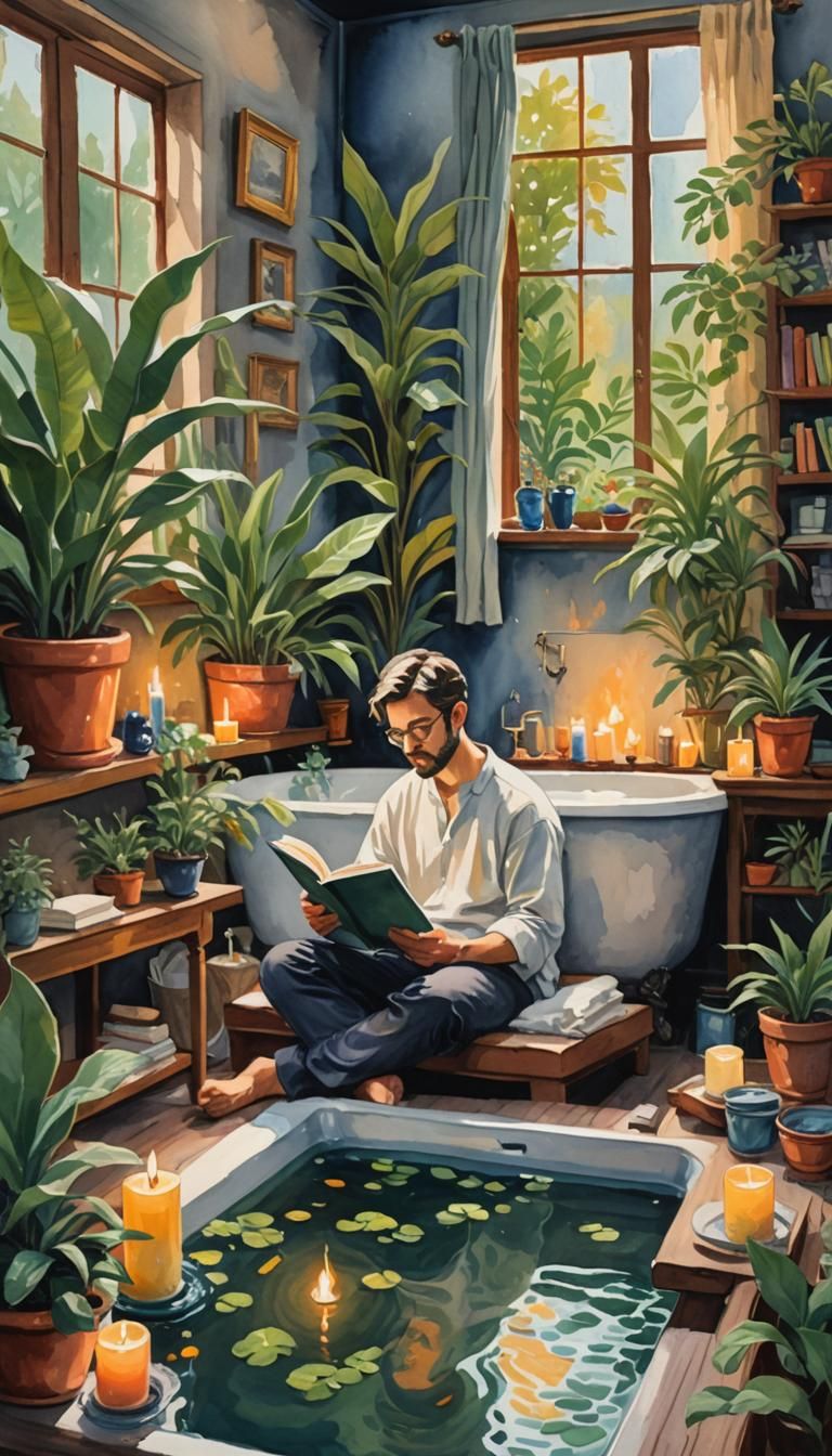 Cozy Reading Scene in Gouache Watercolor Style