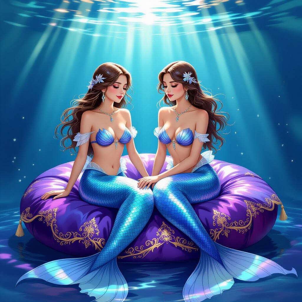 Mermaid Sisters Relax on Ornate Harem Pillow